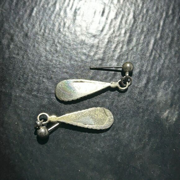 Vintage 925 Sterling Silver 1-5/16" Turquoise Inlay Slim Dangle Drop Earrings - Picture 4 of 4